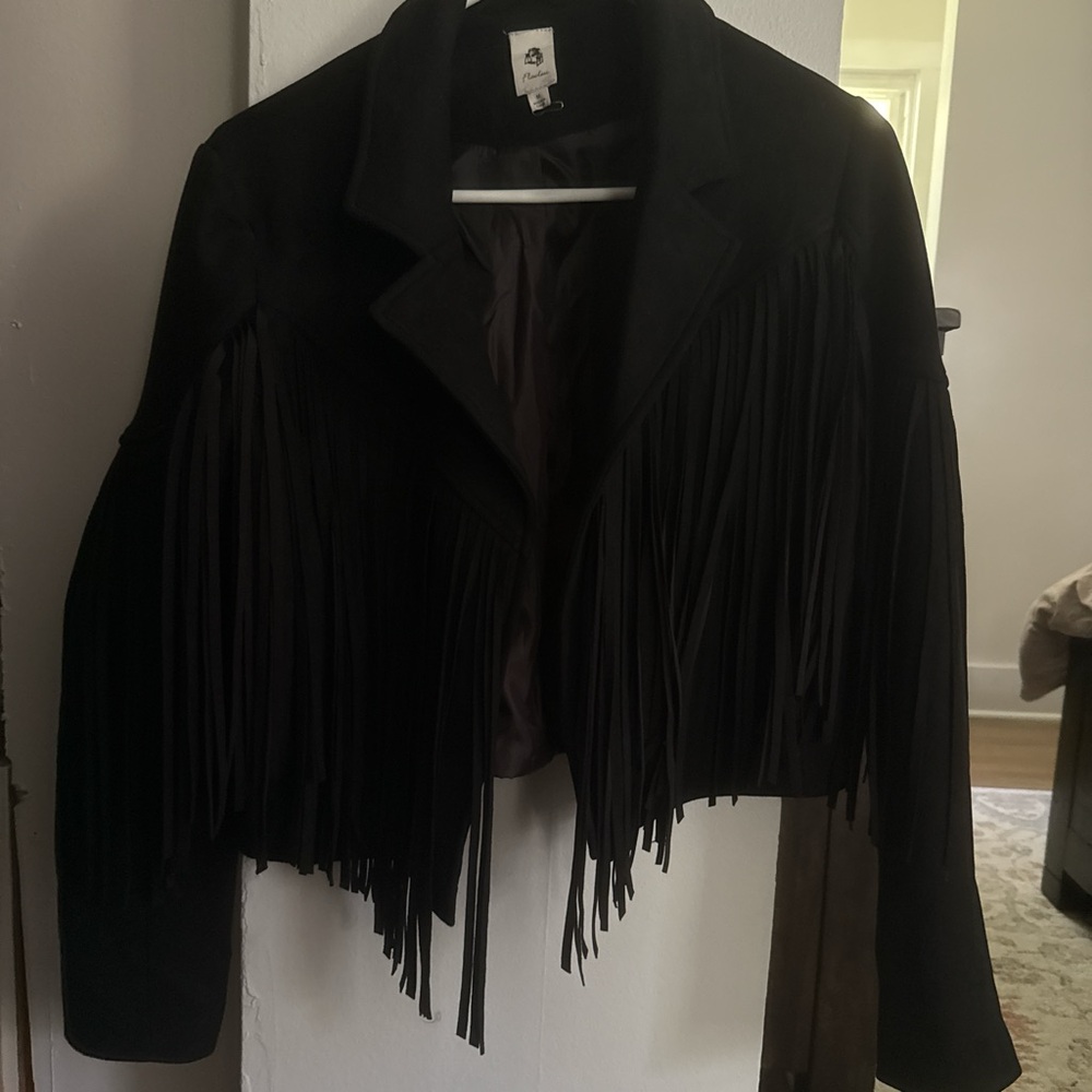 Black Faux Suede Jacket with Fringe